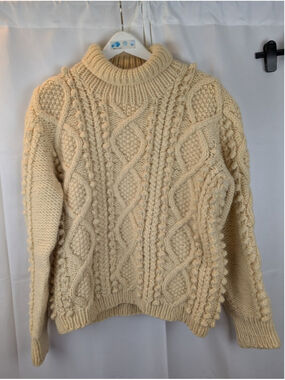 Vintage Hand Knit Irish Aran style Fisherman Sweater Cream Bobble Cable